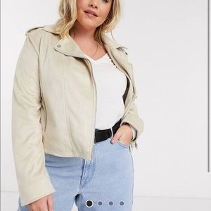 ASOS Curve suede biker jacket in stone/cream